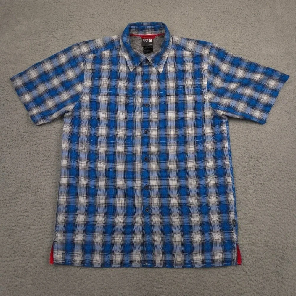 The North Face Performance Shirt Mens Small Blue Gray Plaid Short Sleeve Hiking